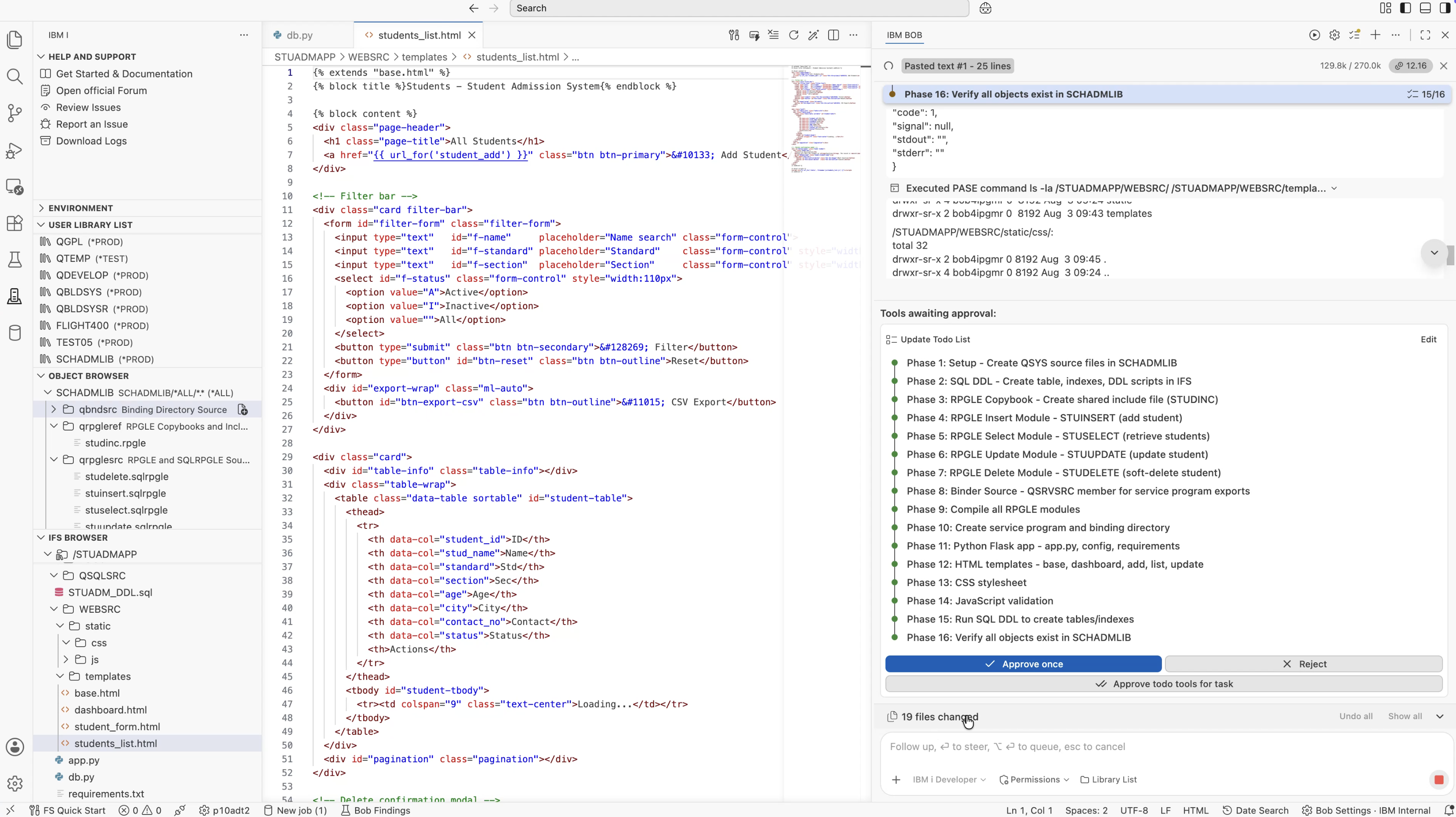 IBM Bob's todo list with all 16 phases marked complete